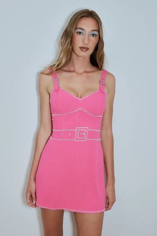 Buckle Strap Rhinestone Soft Linen Mini Dress Pink