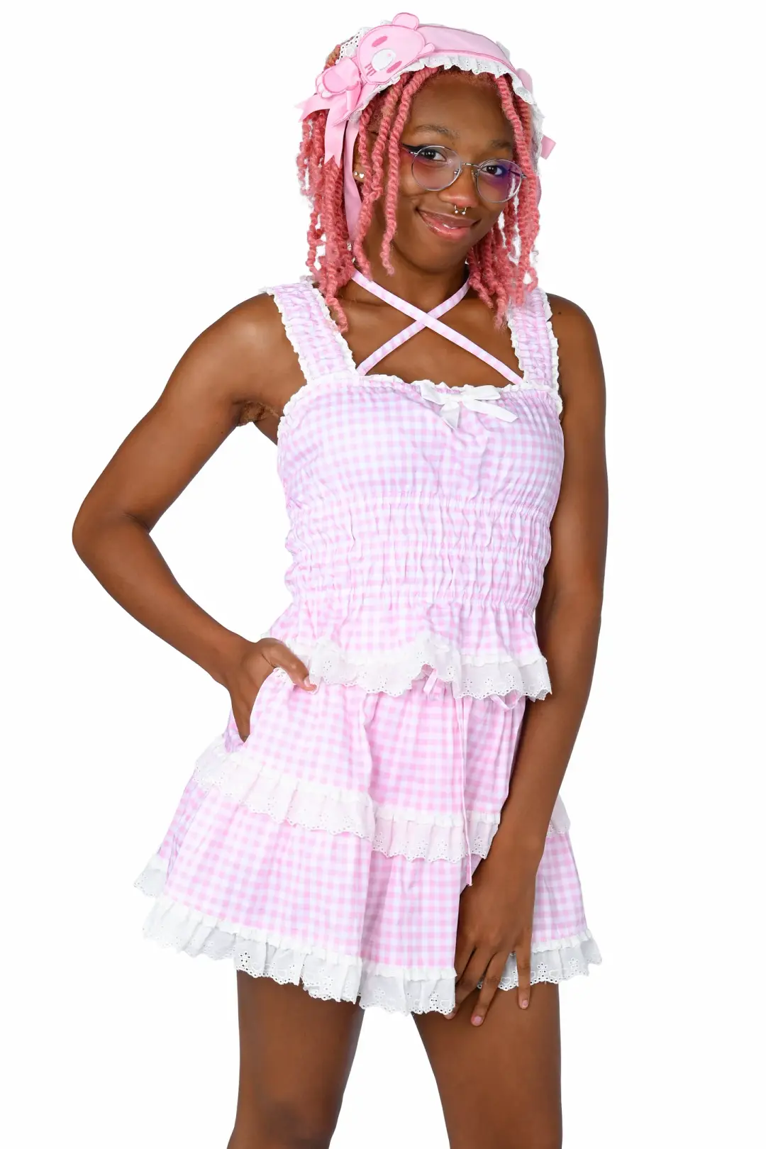 Katherine Shirred Camisole - Pink Gingham