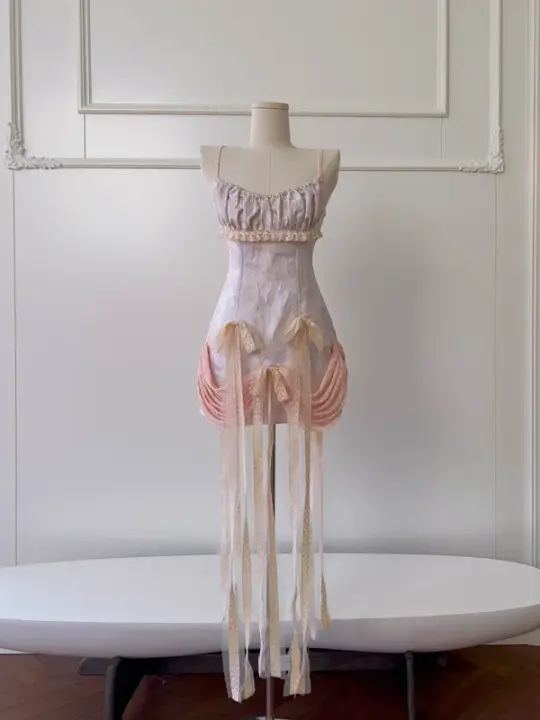 Light purple suspender waist flower bud design skirt short skirt homecoming dress R5006