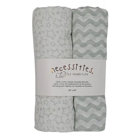 necessities by tendertyme 2 Pack Cotton Muslin Baby Swaddle Blankets, Gray Stars