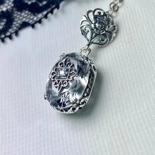 White Topaz Pendant, Embellished Edwardian Pendant #P70e - Ready to Ship