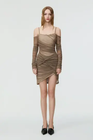 Women's Off-Shoulder Ruched Mesh Mini Dress, 2026 Summer Slim Bodycon Party Dress R9323