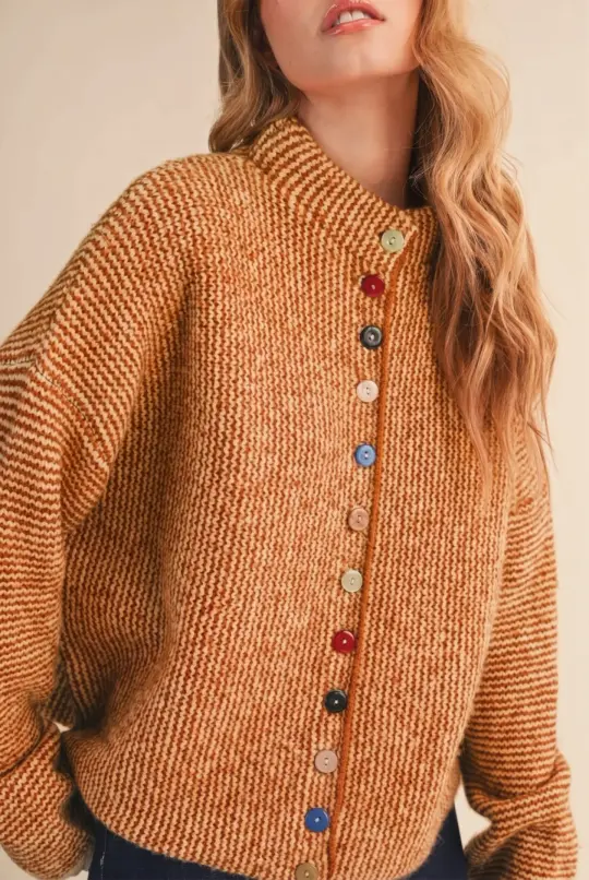 Striped Sweater Cardigan with Colorful Buttons