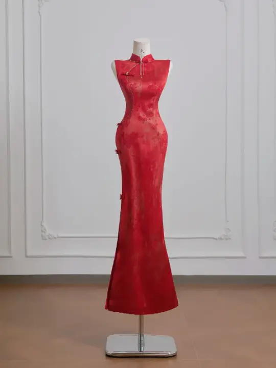 Red Chinese-style cheongsam, classic fitted waist, bodycon ball gown, bridal dress R8210