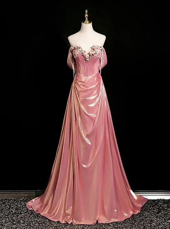 Cute Hot Pink A-Line Strapless Long Women Dress with Beaded Birthday Dress Evening Dress RS098