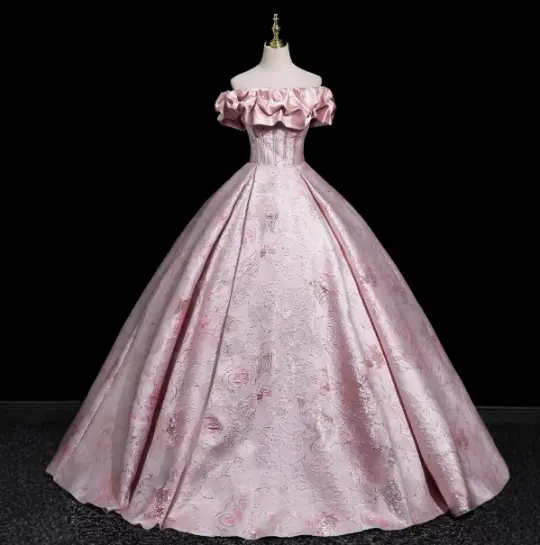 Pink Gorgeous Prom Gown , Silky Satin Printed Pattern Maxi Quinceanera Dress RS1641
