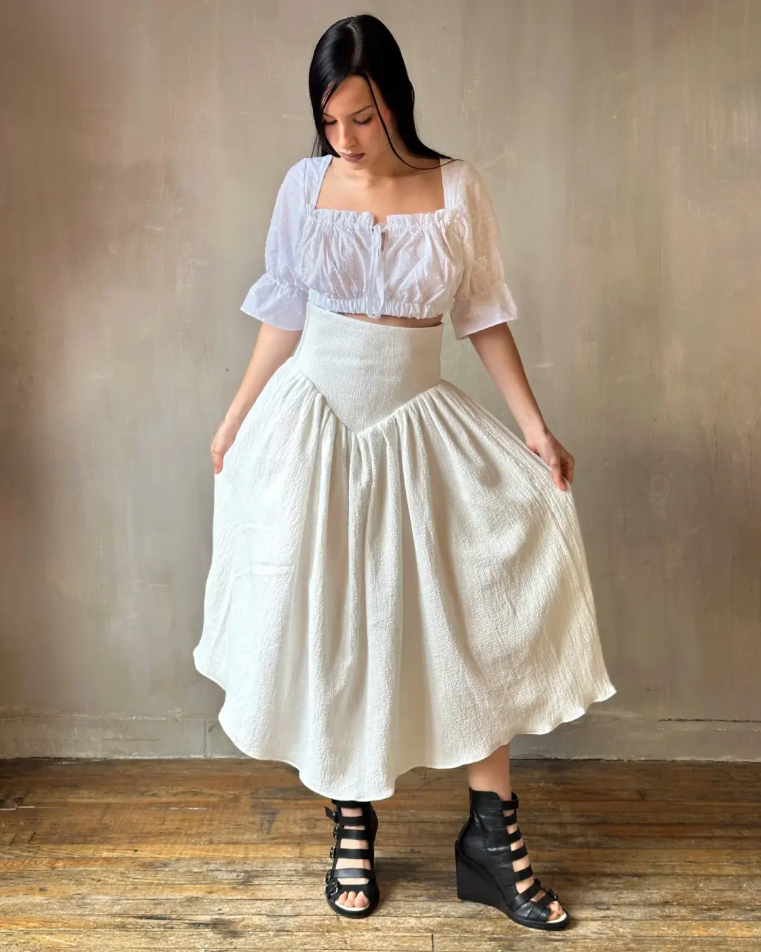 Extended Yoke Petticoat Skirt In White Seersucker Cotton (In Stock)