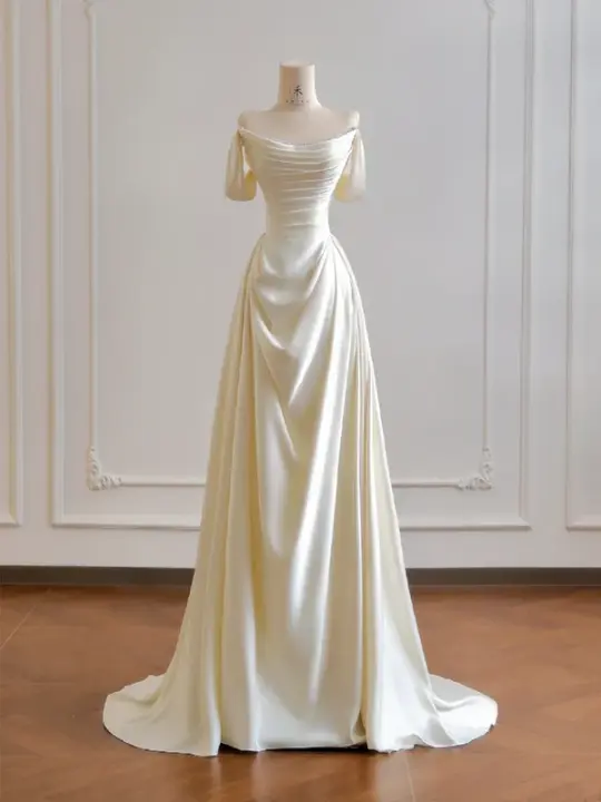 Light apricot off-the-shoulder, fitted waist, A-line skirt, long ball gown R8173
