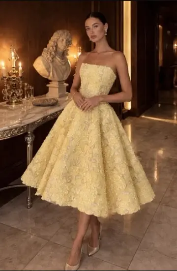Embroidered High End Strapless Prom Gown , Yellow Women's Maxi Evening Dress Birthday Dress RS2693