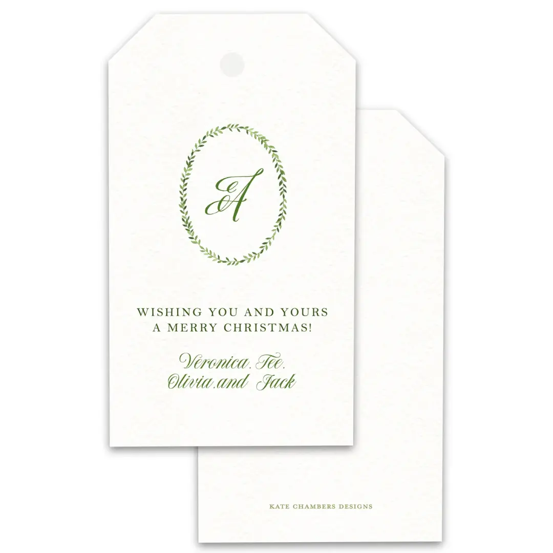 Green watercolor Wreath with Monogram Holiday Merry Christmas Gift Tag
