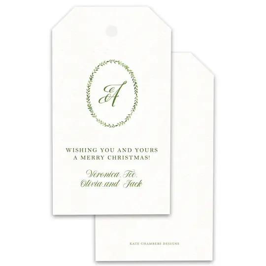 Green watercolor Wreath with Monogram Holiday Merry Christmas Gift Tag