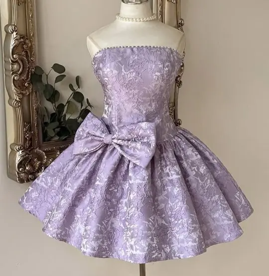 Embroidered Bow Decor Corset Homecoming Dress , Dreamy Lavender Short Prom Dress Birthday Dress RS2116