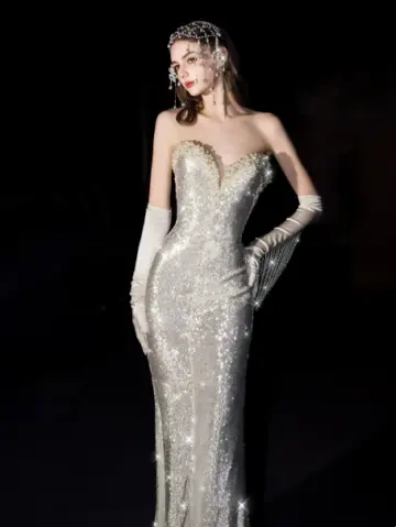 French Chic Ivory Sequin Beaded Mermaid Sweetheart Bodycon Maxi Prom Dress Evening Dress RS410