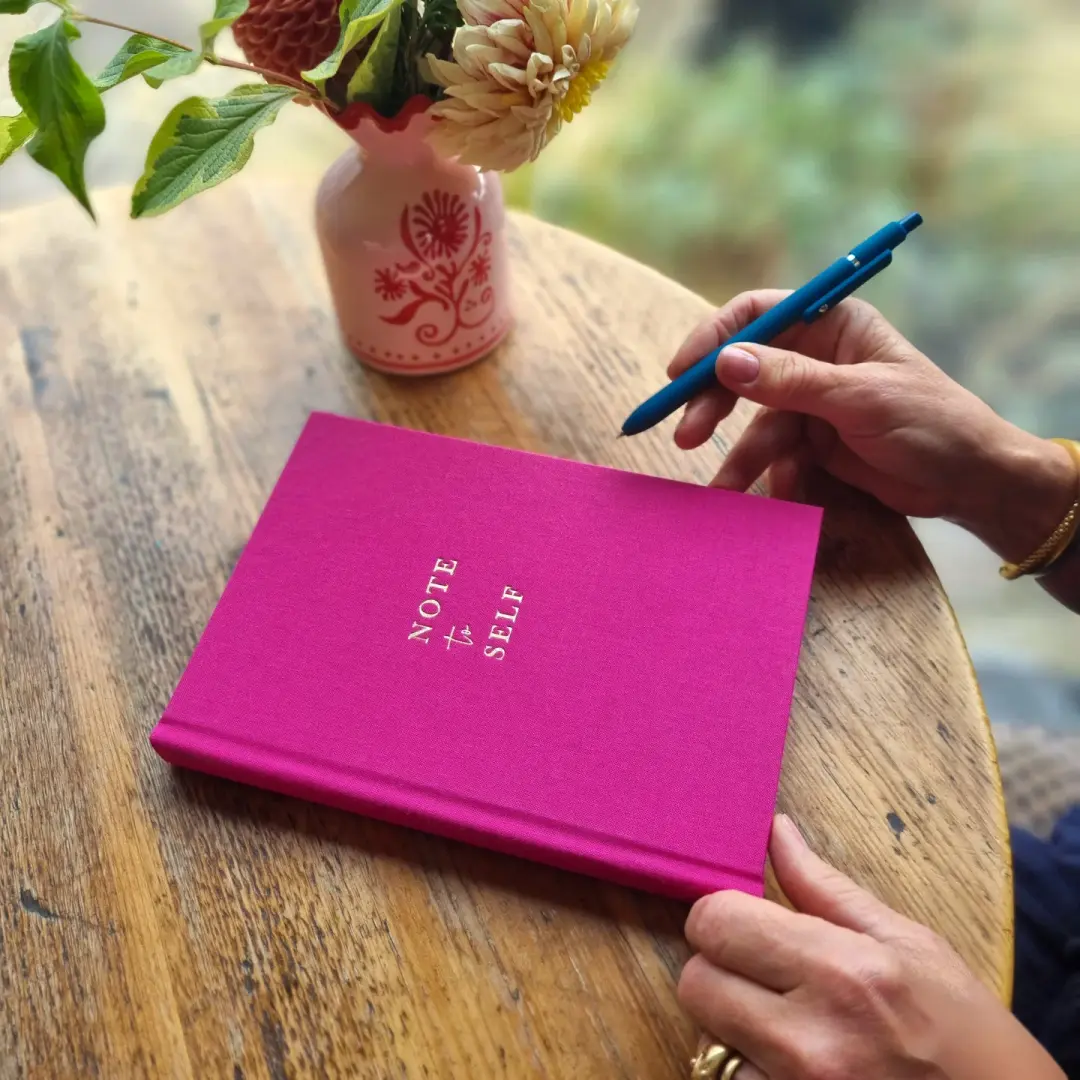 NOTE to SELF Pink Linen Notebook – A5 Bullet Journal in Gold Foil