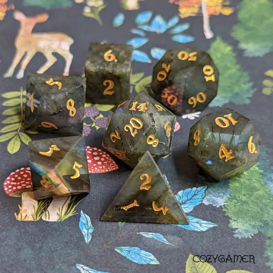 Labradorite Real Gemstone Dice Set – 7-Piece Carved Stone DnD Dice