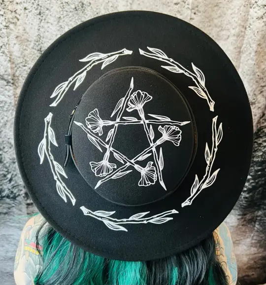 Floral Pentacle Vegan Felt Flat Top XL Wide Brim Hat