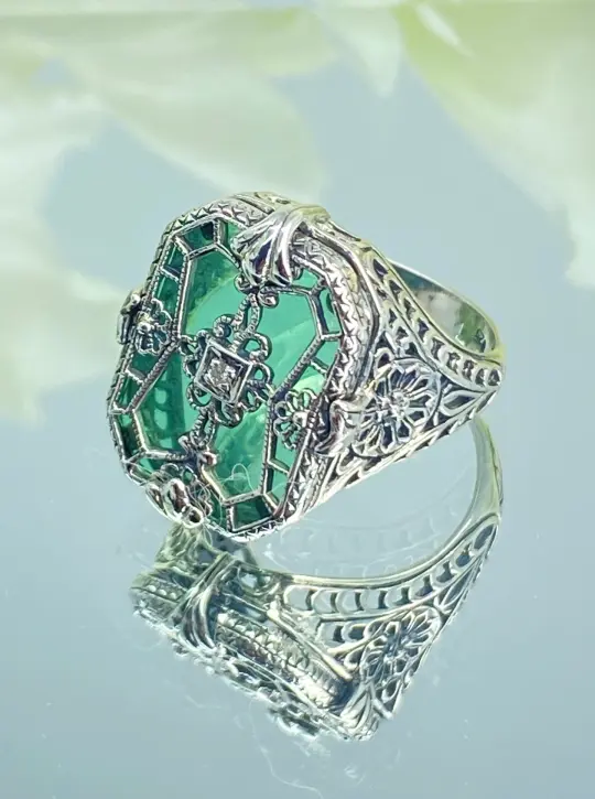 Green Camphor Glass Ring, Size 7.5, Emerald Camphor Glass & Diamond Inset Gem, Art Deco Jewelry #D203 - Ready to Ship