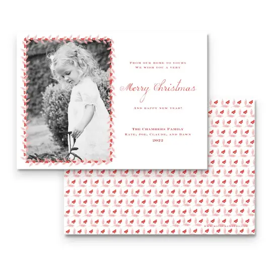 Pink & Red Berry Leaf Border with Back Design Landscape Holiday Card
