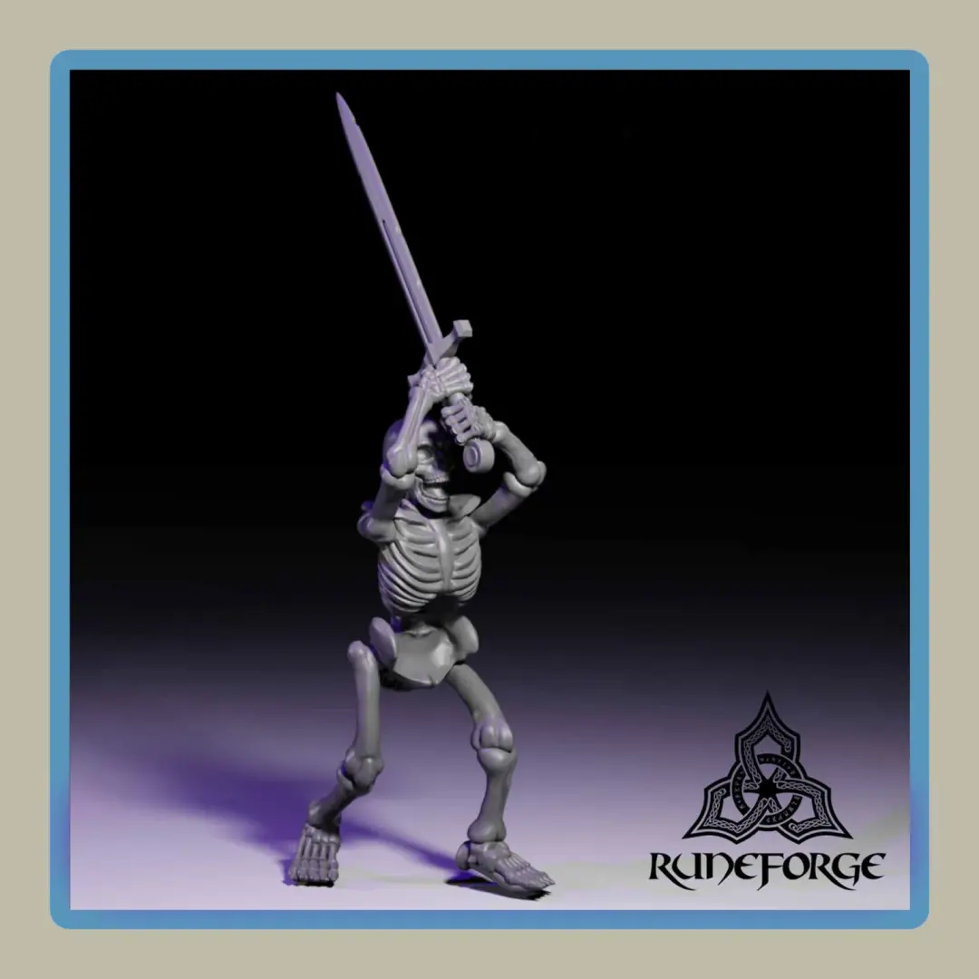 render of 28mm miniature undead unarmored skeleton with 2h sword
