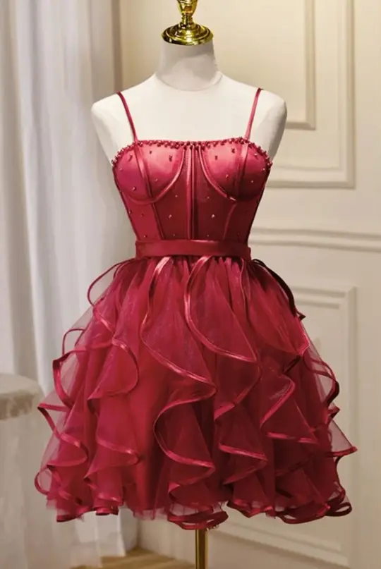 Charming Red Homecoming Dress ,A-Line Spaghetti Straps Pleated Corset Short Prom Dress Cami Dress RS1064