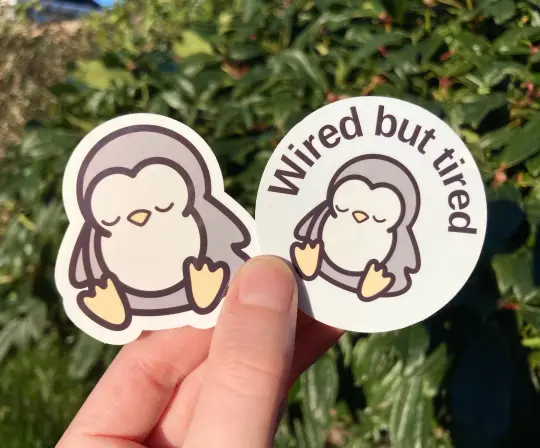 "Wired but tired" sleepy penguin stickers