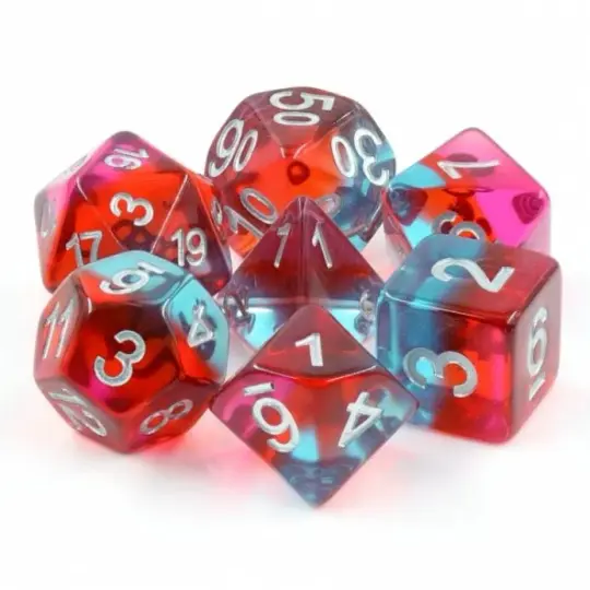 Savannah Sunrise Dice Set – 7-Piece Transparent Blue Red Pink DnD Dice