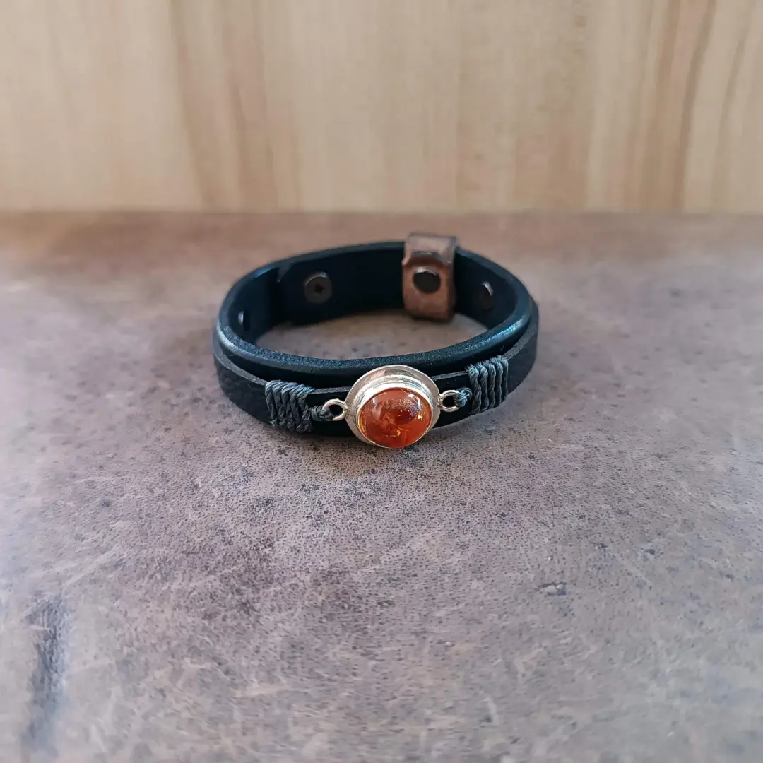 OOAK Greek Amber Sterling Silver Leather Bracelet – Black Watchband Style