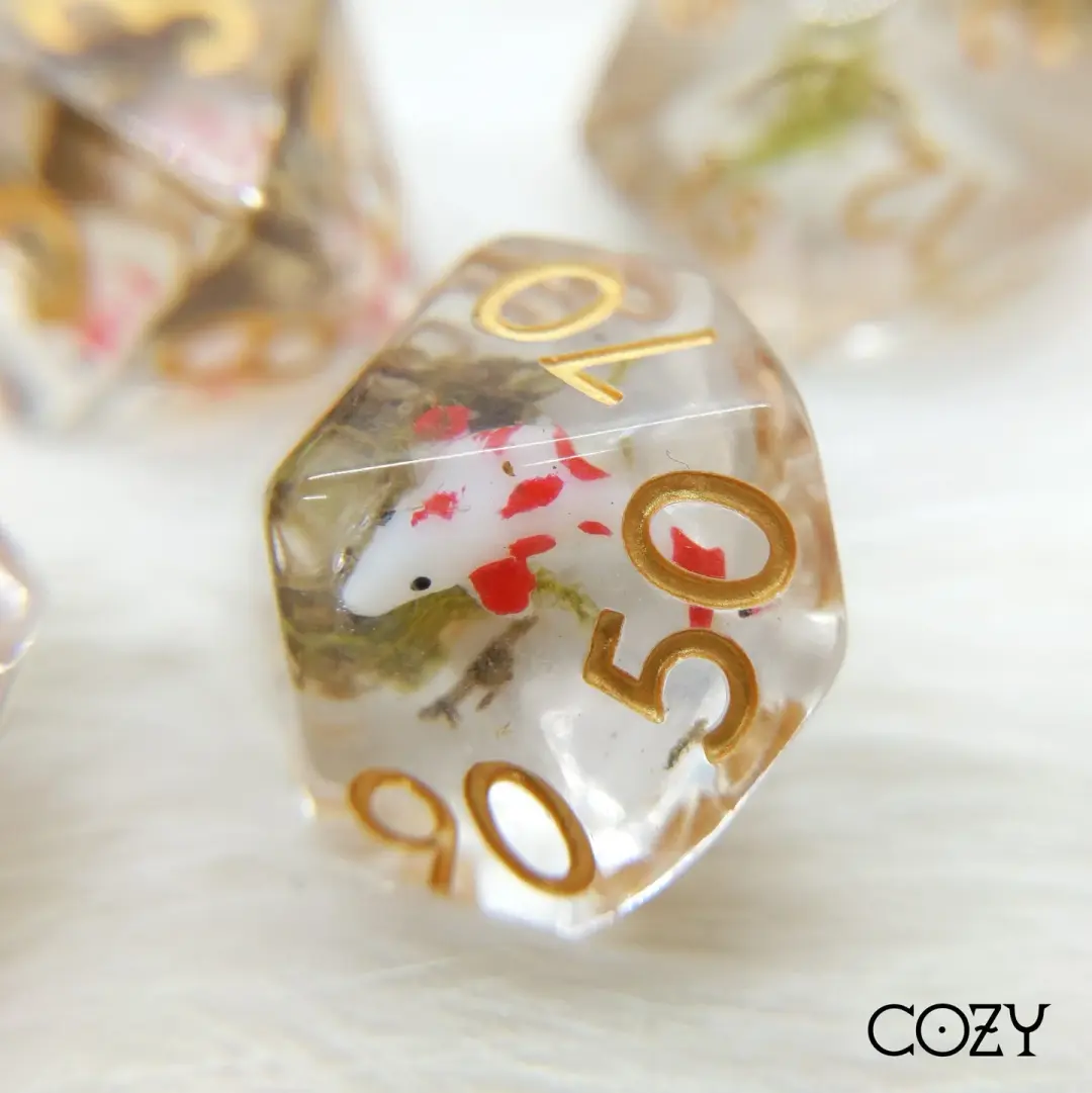 Koi Fish and Moss Dice Set. Little Fish and Dried Moss DND dice set