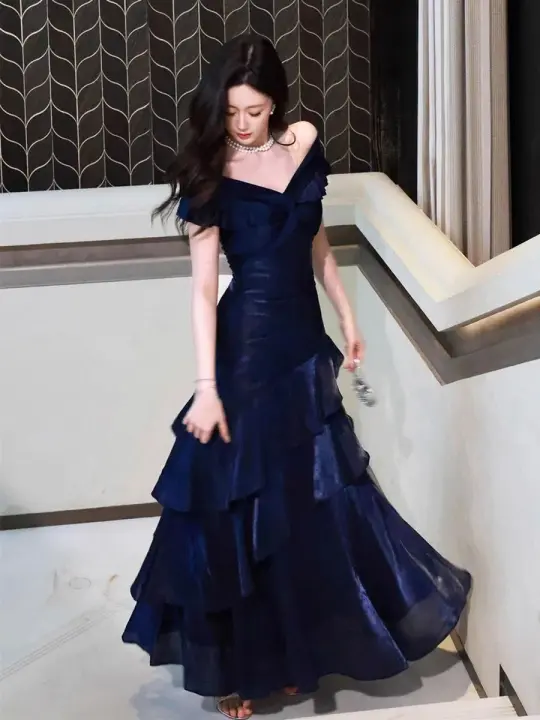 Sophisticated Elegant Royal Blue A-Line Off-the-shoulder Satin Dress with Cascaade Fold Evening Dress Prom Dress  RS006
