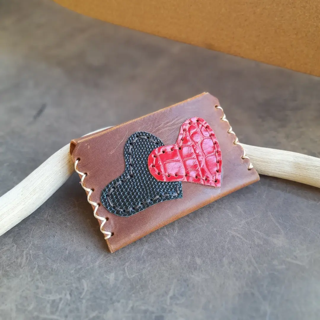 Handmade Leather Card Holder with Hearts (OOAK)