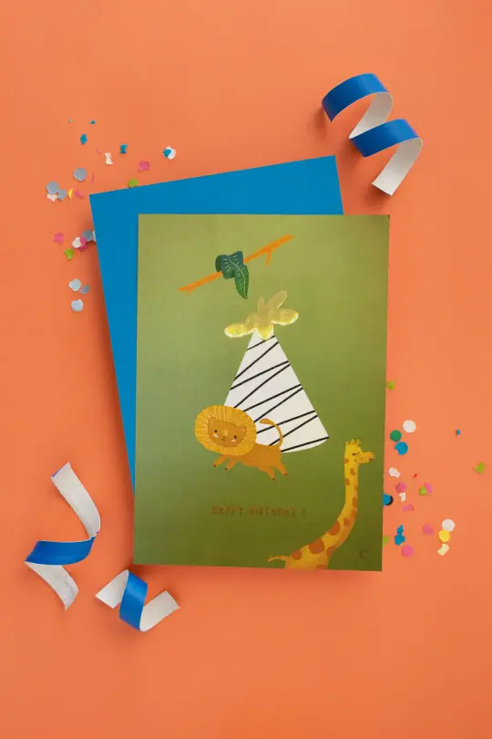Carte postale illustrée & dorée "Happy birthday kids" green