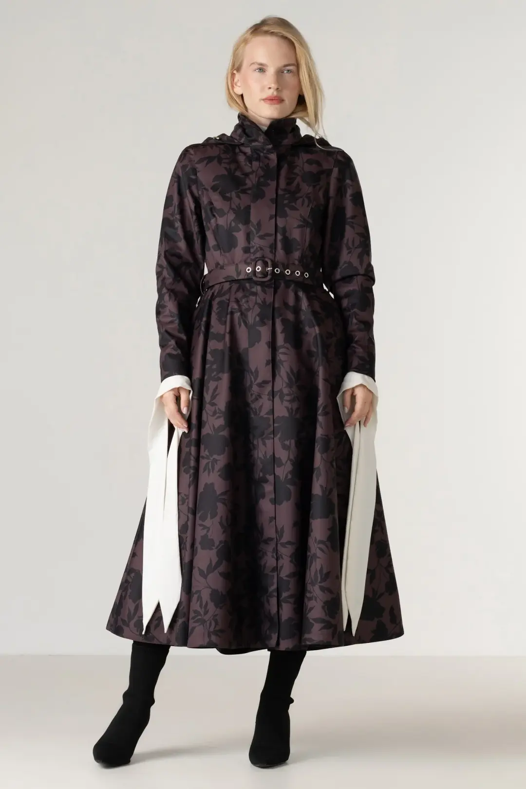 Fit and Flare Winter Coat in Brown Floral | Winter Brocade Dusk