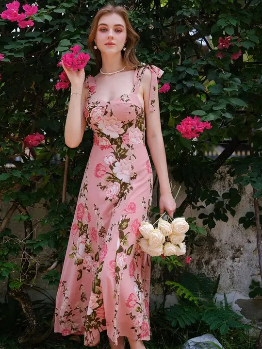 Pink suspenders waist slim print long skirt homecoming dress R3261