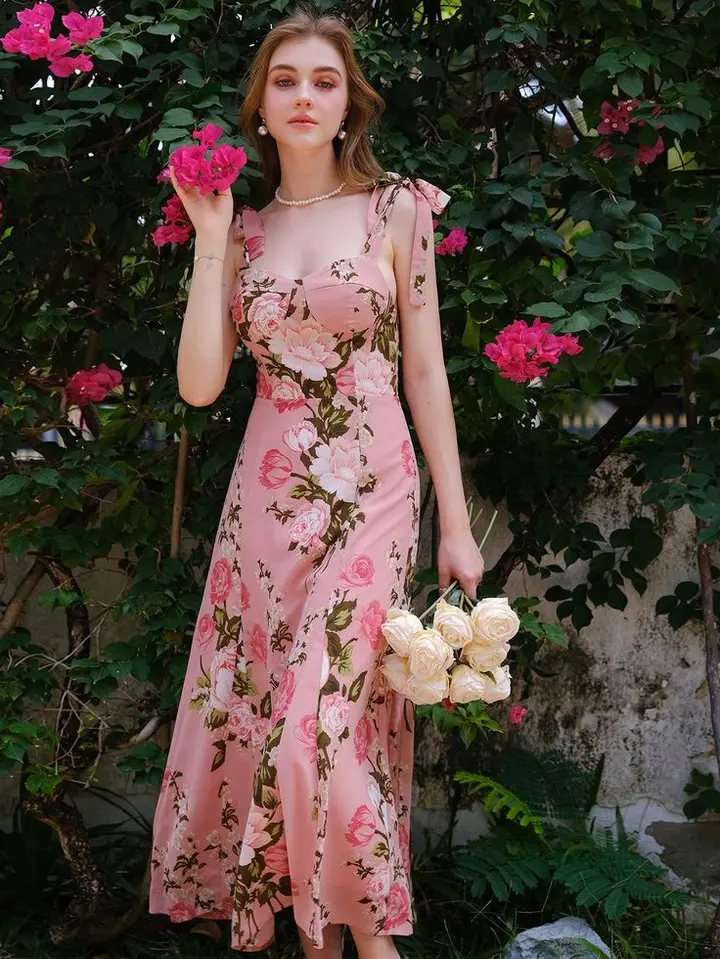 Pink suspenders waist slim print long skirt homecoming dress R3261