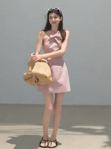 Pink Halter Neck Bow Detail Mini Dress Women Sleeveless Bodycon Dress R9364