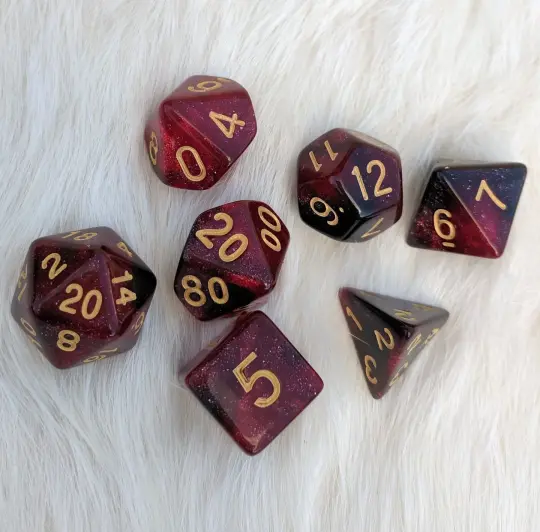 Blood Ruby Dice Set – 7-Piece Semi-Transparent Black Red Glitter Acrylic DnD
