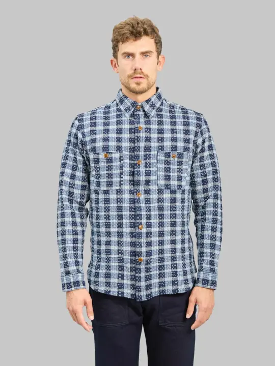 Studio D'Artisan 5737 Indigo Plaid Noragi Boro Sashiko Work Shirt