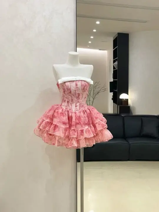 Pink floral tube top slim waist fluffy skirt princess short skirt homecoming dress R3934