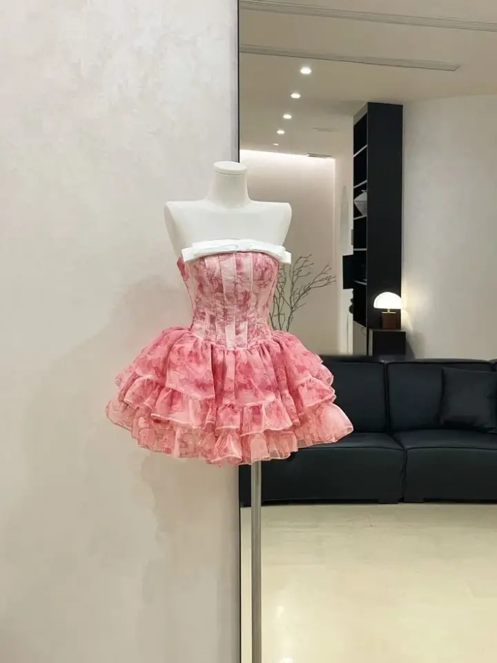 Pink floral tube top slim waist fluffy skirt princess short skirt homecoming dress R3934
