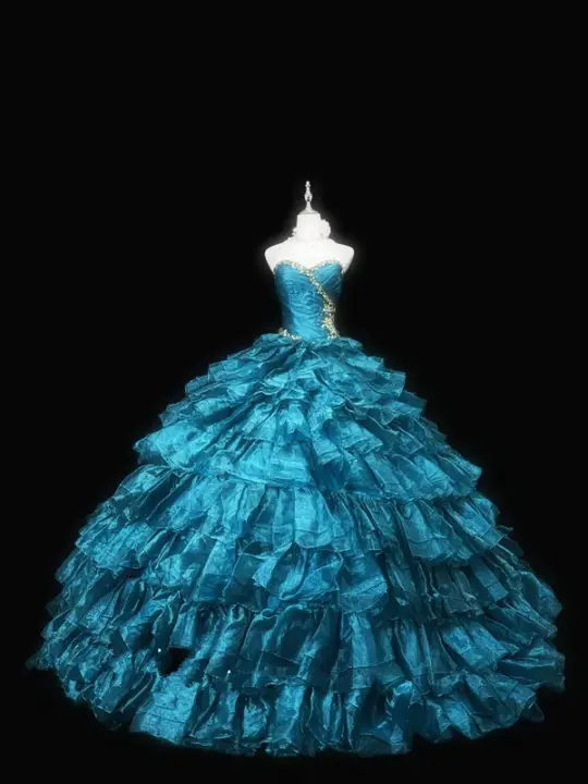 Peacock green strapless fitted waist puffy cake skirt long ball gown R8690