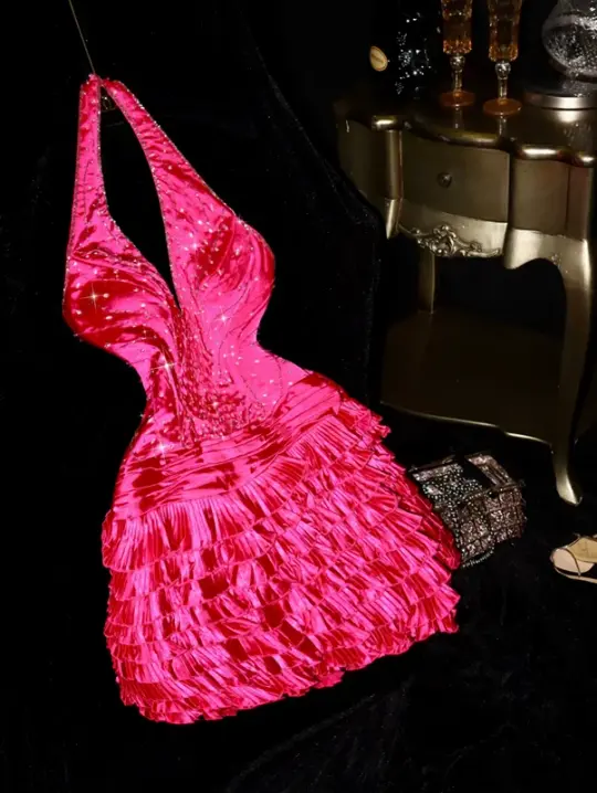 Rose pink halter-neck cinched waist short ball gown R6977