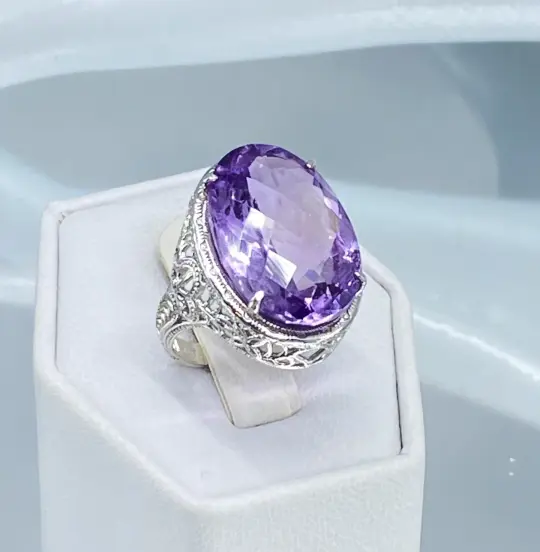 Natural Amethyst Ring, Size 5, Persian Design, Art Deco style Jewelry #D230 - Ready to Ship
