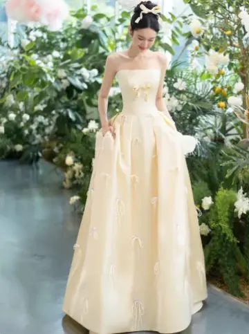 Elegant Light Ivory A-Line Strapless Women Dress with Bow-knot Elements Bridesmaid Dress Birthday Dress RS047