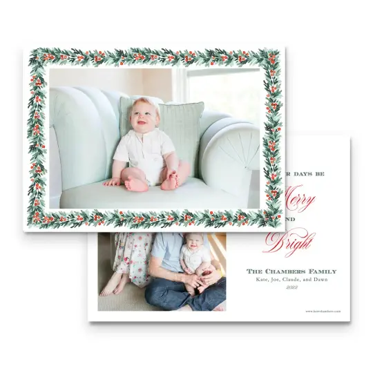 Watercolor Red Berry Pine Garland with Lattice Border Landscape Holiday Card
