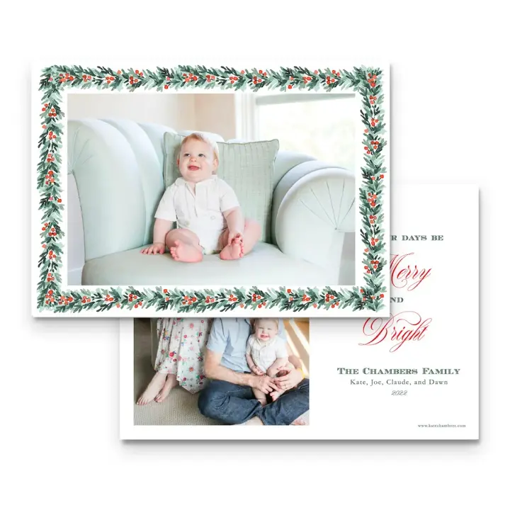 Watercolor Red Berry Pine Garland with Lattice Border Landscape Holiday Card