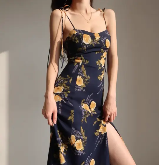 French retro orange floral suspender dress with slim waist and side slit long skirt R2815