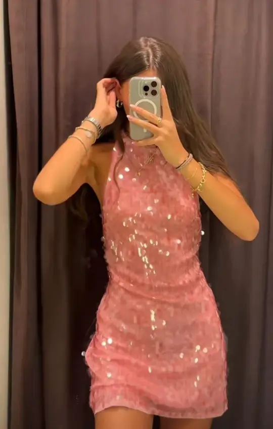 French Chic Pink Sheath Halter Sequin Bodycon Mini Dress Homecoming Dress RS199