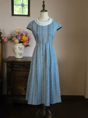 French Retro Blue Stripe A-Line Jewel Maxi Women Dress RS512