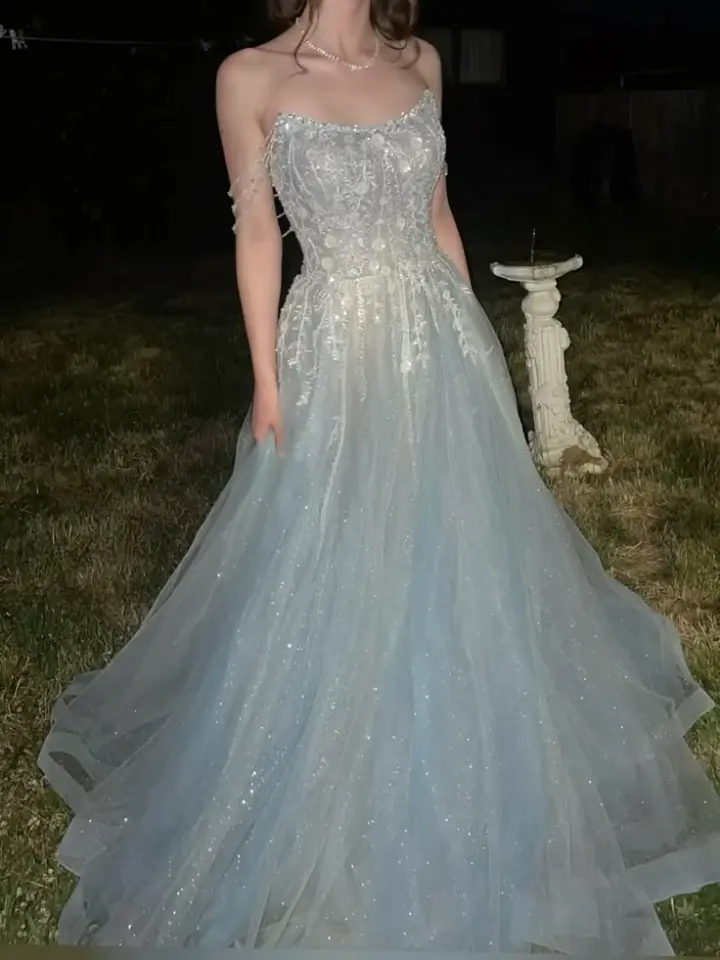 Glitter Tulle Embroidered Women's Prom Gown Pale Blue Waist Fitted Maxi Evening Dress Birthday Dress — Fall Outfit 2026 New  RS3258
