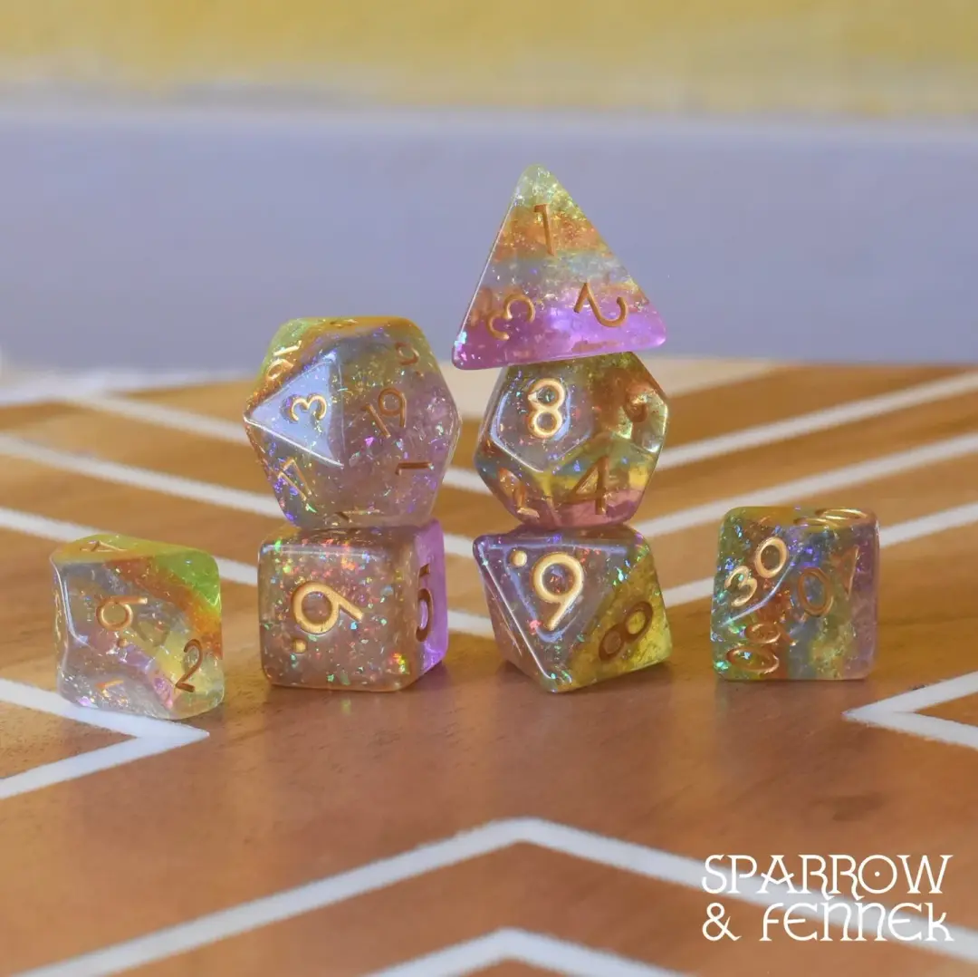 Rainbow Catcher DnD Dice Set, Translucent Glitter Rainbow layered Dice